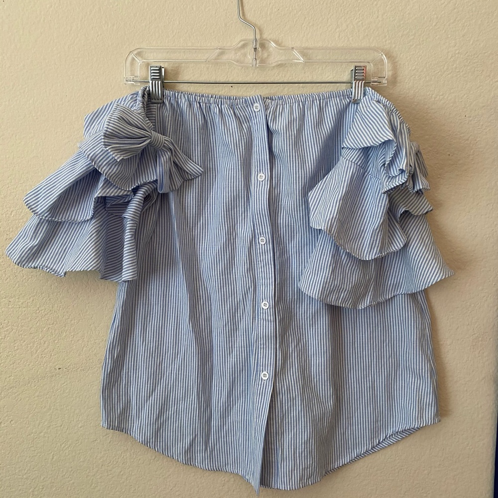 Cute fun blue striped shirt, off the shoulder